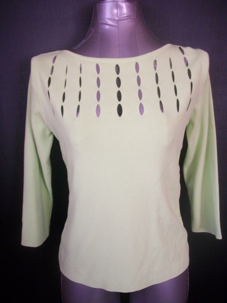 Sz M GRACE DANE LEWIS Unique Green 3/4 Sleeve Fitted Knit Top   Cutout