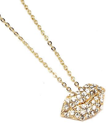 New Goldtone Crystal Lips Kiss Lipstick Necklace