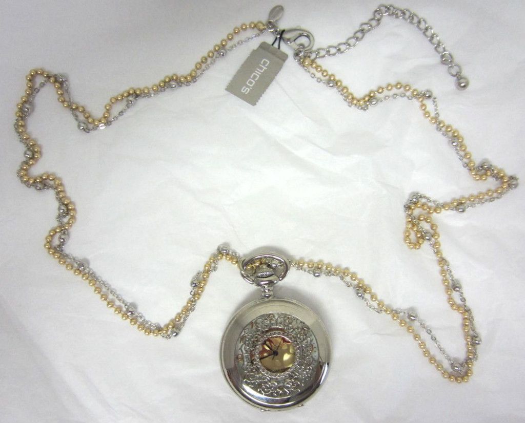 CHICOS TWO TONE MAGNIFICENT LITZY POCKET WATCH NECKLACE 35   39 NWT