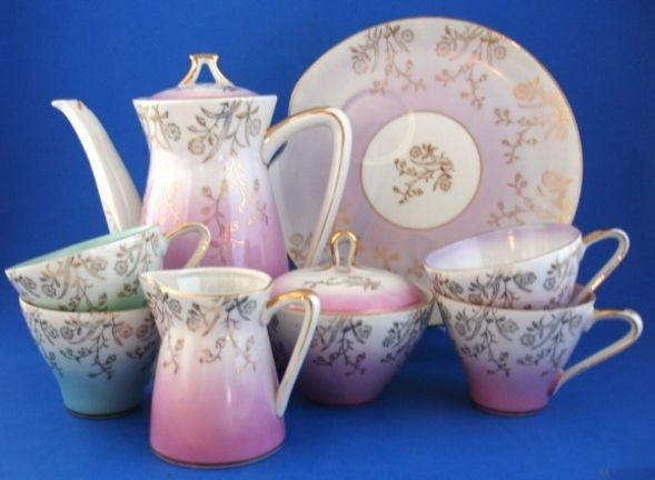 Lipper Mann Pastel Teapot Creamer Sugar Snack Luncheon Set Cup Plate