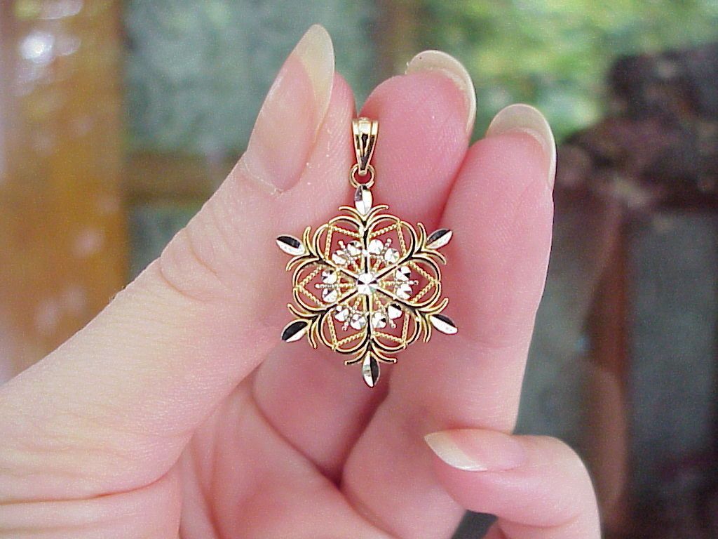 10K Yellow White Gold Diamond Cut Snowflake Reversible Charm Pendant