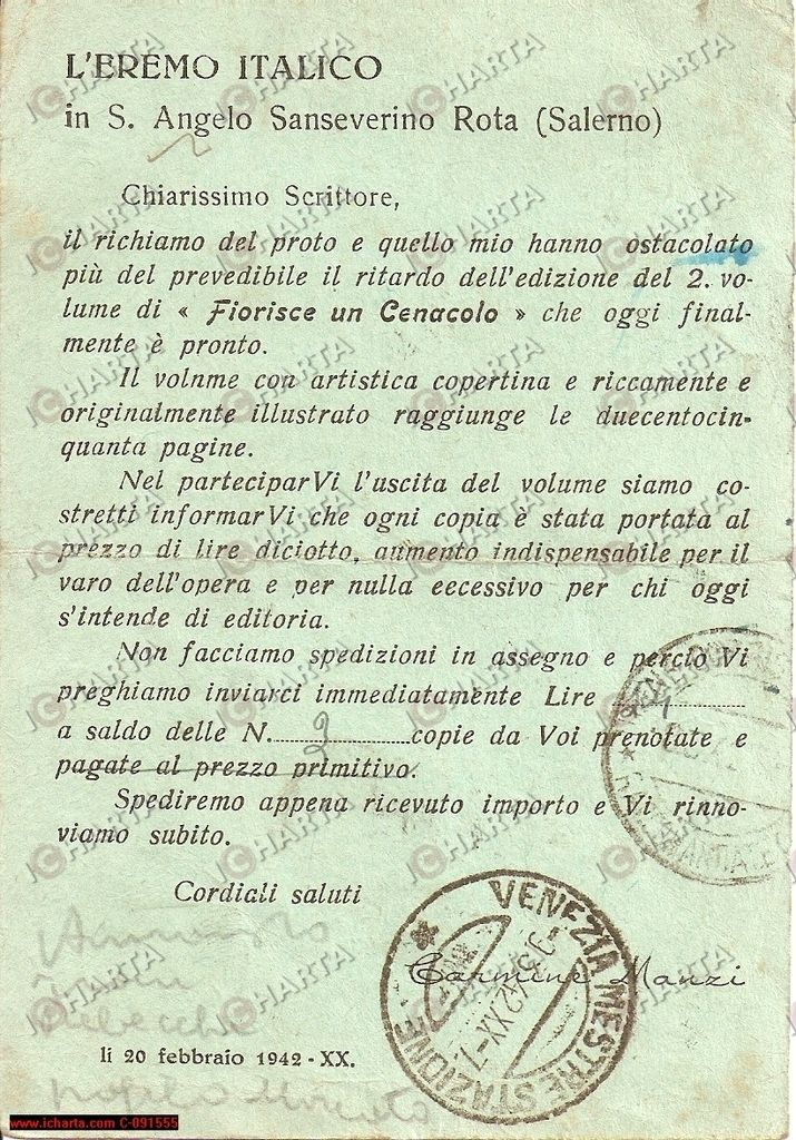1942 Mercato San Severino SA Autografo Carmine Manzi