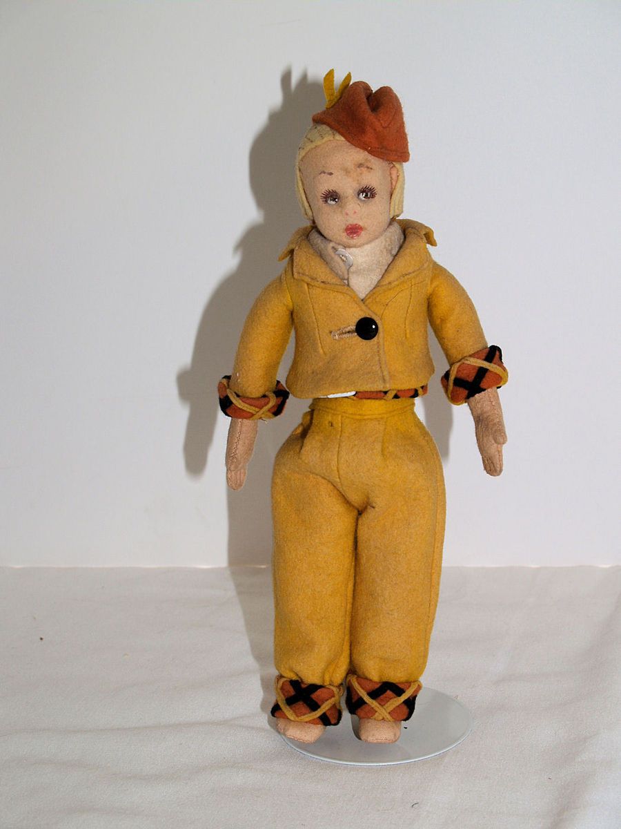 Old Cloth Felt Lenci Mascotte Skier Doll in Yellow