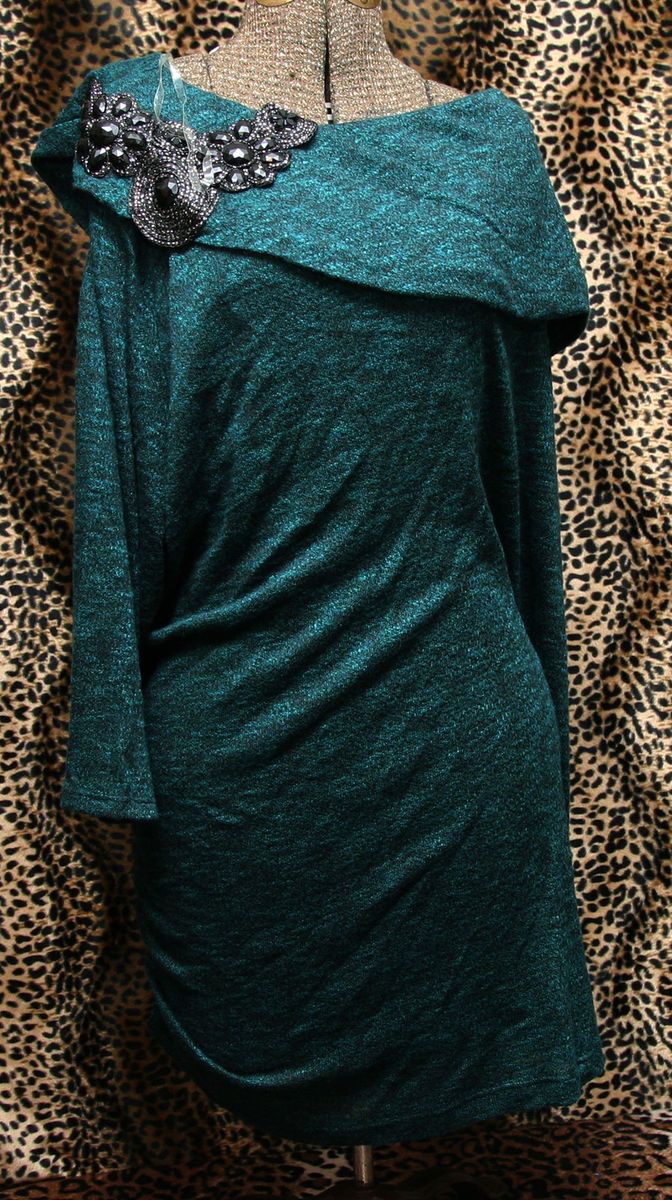 Maurices Speckled Teal Green Black Sequins Tunic Cowl Neck Knit Top 1x