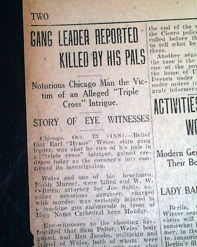 Hymie Weiss Assassination Al Capone Kill 1926 Newspaper