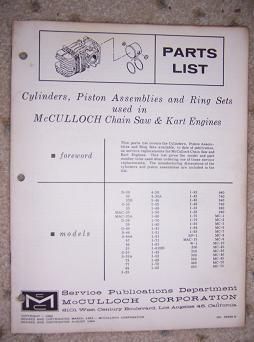 1962 McCulloch Engine Parts List Cylinder Piston Ring H