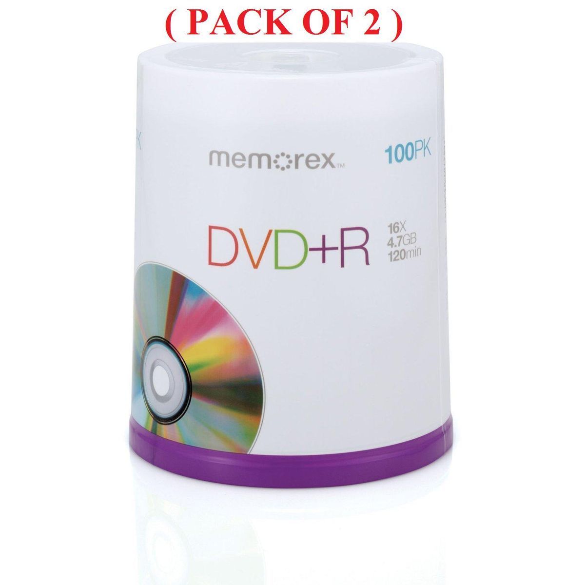 LOT OF 2 Memorex 32025621 16x DVD R 4 7GB Media 100 Pack Spindle TOTAL