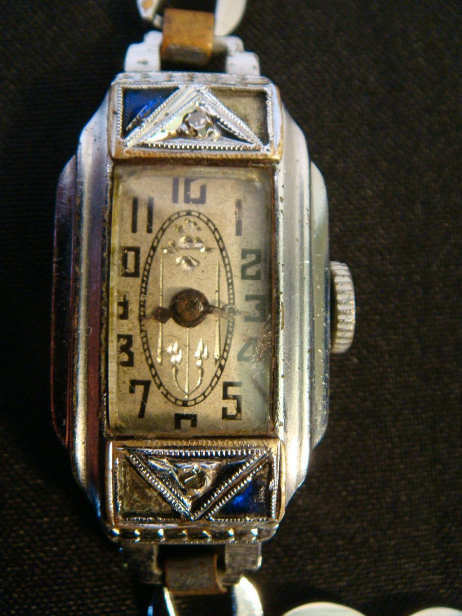 Vintage 1930s Art Deco Milos 14k Rolled Gold Watch w Sapphires