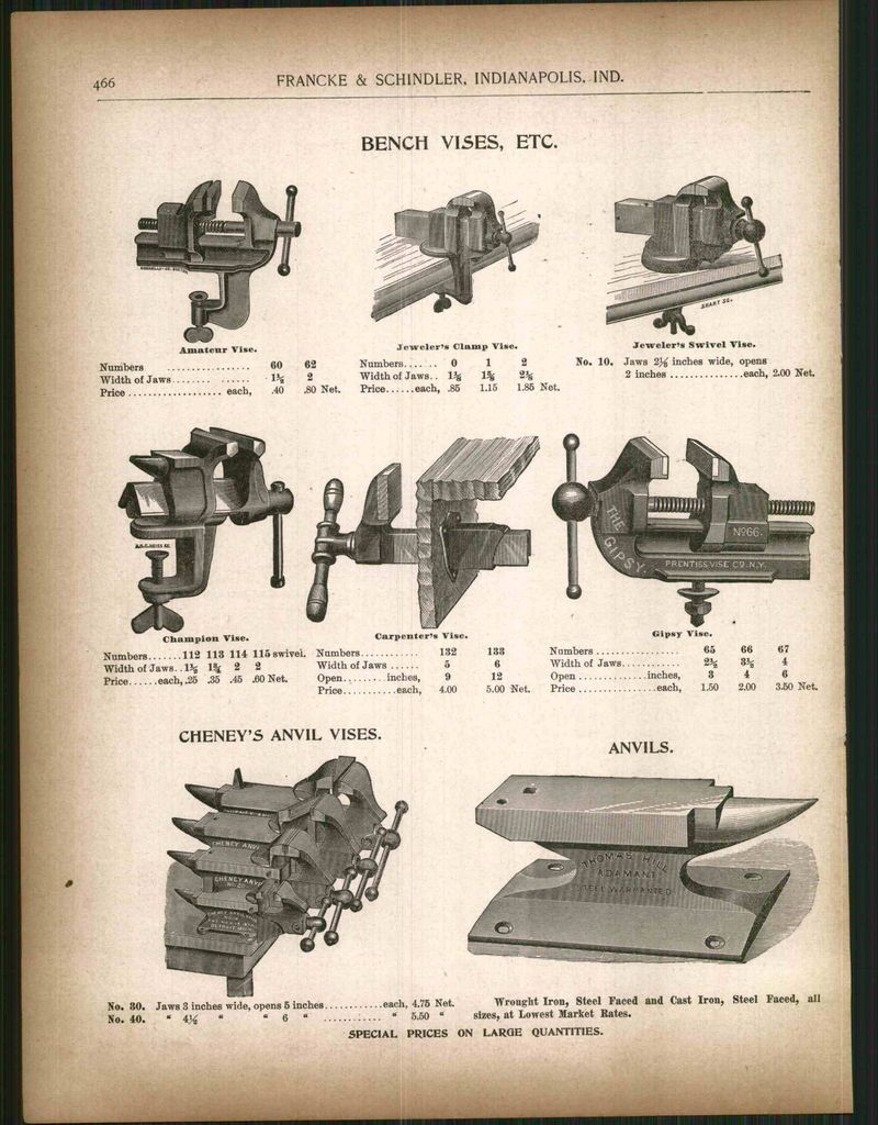 1896 ad Thomas Hill Adamant Anvil Cheneys Vises Gipsy Prentiss Alford