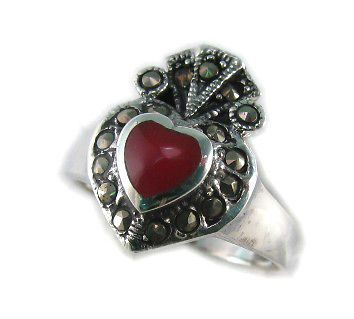 Heart Claddagh Inlay Marcasite Ring Red Agate 925 Sterling Silver Gift