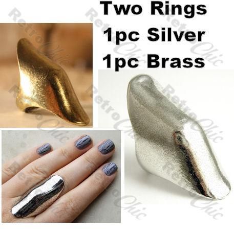 2pcs LARGE KNUCKLE ARMOUR RINGS bent sheild SILVER TONE & VINTAGE