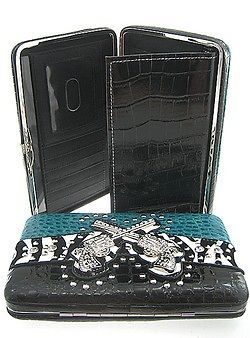 BLUE TEAL ZEBRA RHINESTONE GUN ANGEL WINGS WESTERN PURSE FLAT WALLET