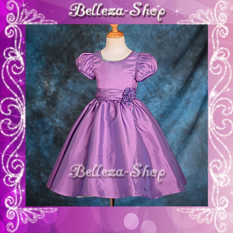 Purple Wedding Flower Girls Short Sleeves Dresses Pageant Party Size