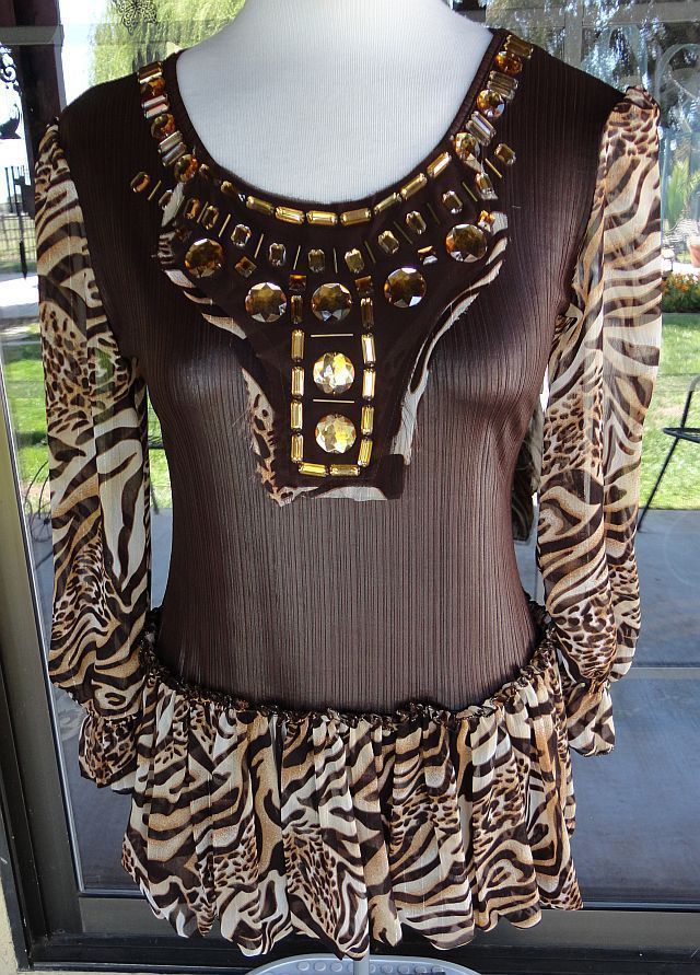 Beaded Leopard Print PRETTY ANGEL Silk Blend Balloon Hem Tunic Shirt