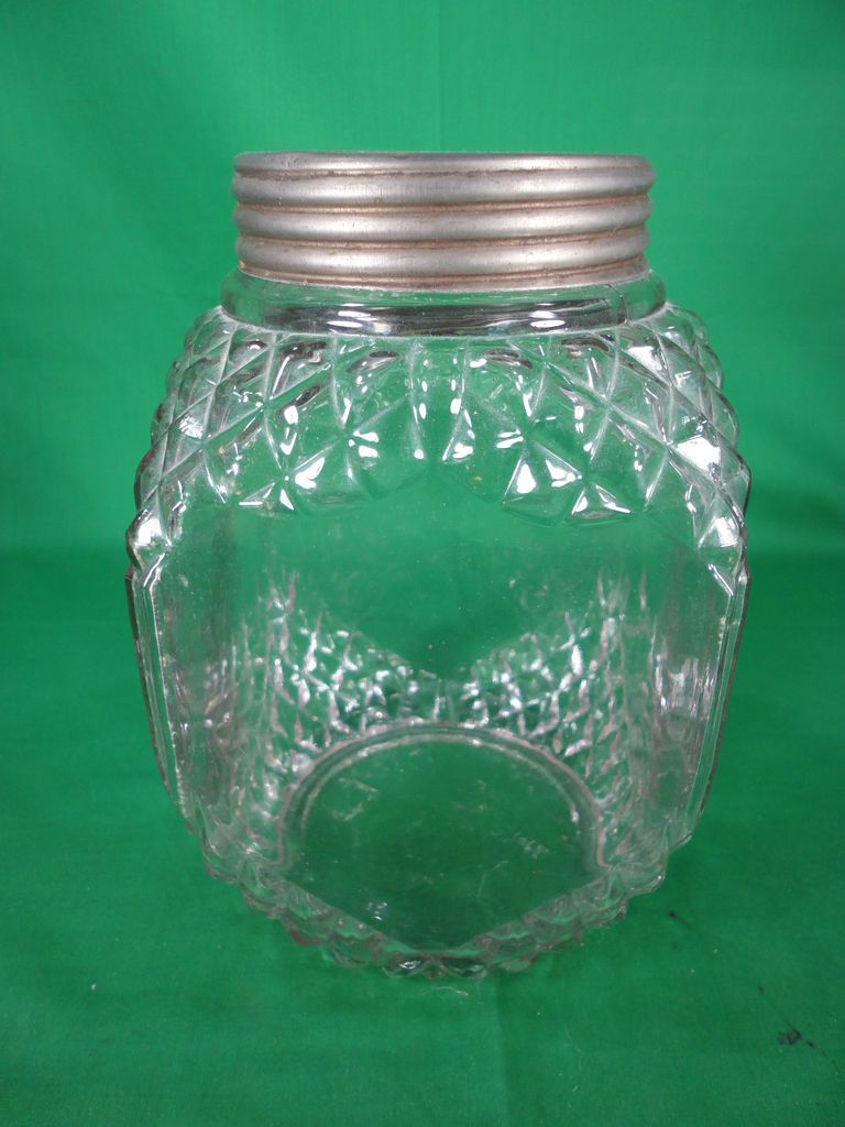 Antique Vintage Glass Biscuit Cracker Jar w/ Zinc Lid 8 1/4 tall x 5