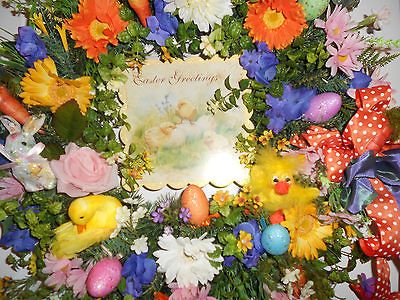 EASTER WREATH, BUNNIES, DUCKS, ANNALEE DUCK, EGGS, CARROTS, GERBERA