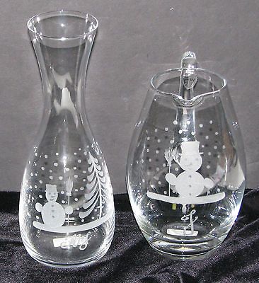 Newly listed handarbeit decanter and pitcher SIGNED snowman theme euc