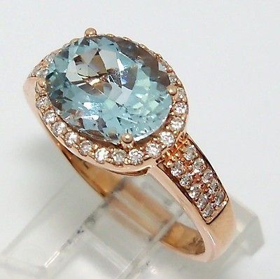 LeVian 14K Rose Gold 2ct Aquamarine 0.25ct Diamond Ring Size 7