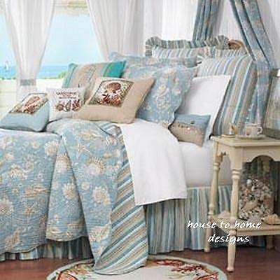 SHELLS Full / Queen QUILT SET   AQUA TROPICAL BEACH SHELL STARFISH