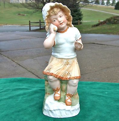 Antique Heubach Girl w/ Seashell Piano Baby Figurine, 9 1/2, Double