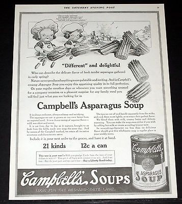 MAGAZINE PRINT AD, CAMPBELLS ASPARAGUS SOUP, KIDS AND FARMERS ART