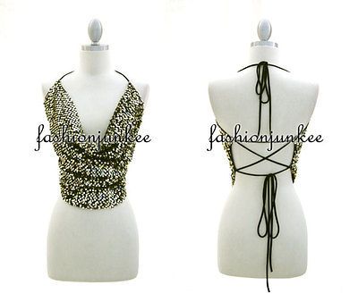 GOLD Black SEQUIN HALTER TIE Tank Top Draped Cowl Neck Open Back Sexy