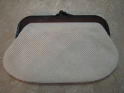 Hong Kong VTG HOBNAIL BEADED PURSE Lucite/Bakelite Frame OFF WHITE