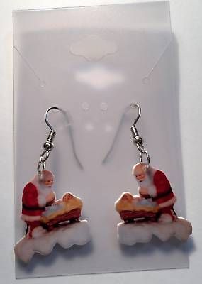 SANTA CLAUSE KNEELING BABY JESUS EARRINGS CHARMS XMAS