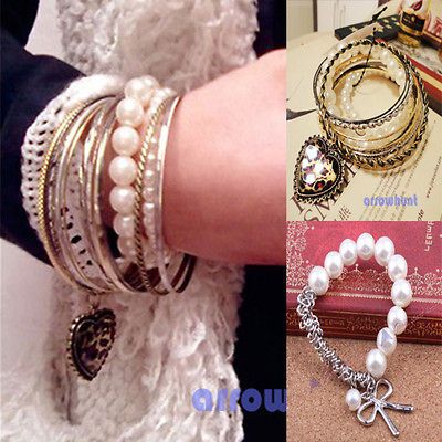 Multi Layer Love Heart Pendant Bangle Imitation Pearl Grain Leopard