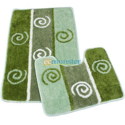 Acrylic Fiber Bathroom Rectangular Rug + U shape Mat Set Green for