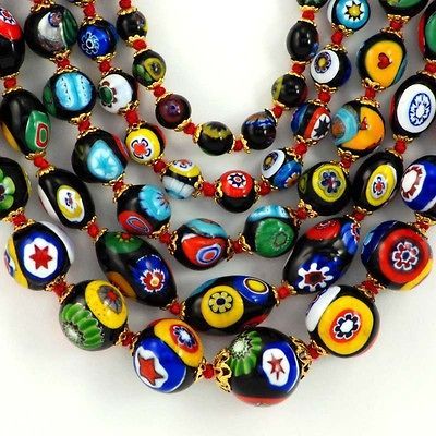 Murano Glass Bead Necklace Millefiori Multi Black Vintage Made in