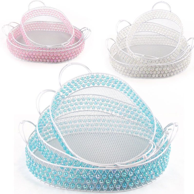 SET of Three METAL PEARL BEADED Tray Hamper Basket. Pink White Green