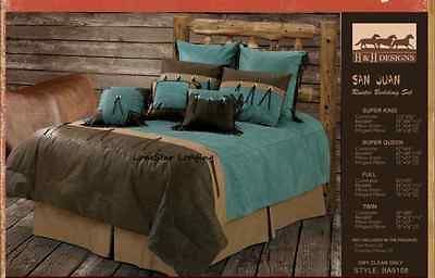 Lodge Brown Turquoise Tooled Fringed Concho Comforter Bedding Set