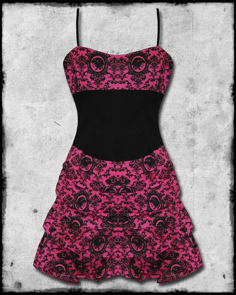 PINK SKULL CAMEO ROCKABILLY PINUP BELLVUE BUSTLE MINI PARTY DRESS