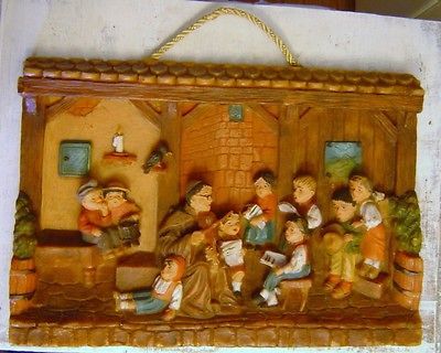 vintage folk German Wachswarenfabr ik wax plaque sculpture monk violin