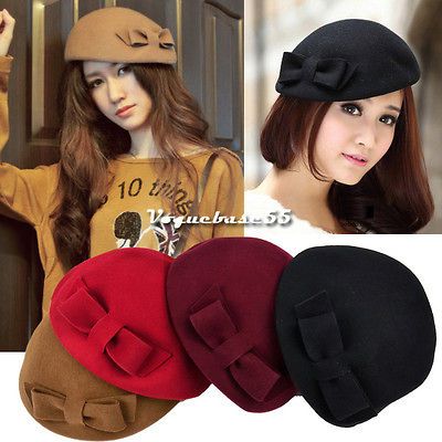 Womens Retro Wool Bowler Beret Cap Bowknot Decor Hat Christmas 4