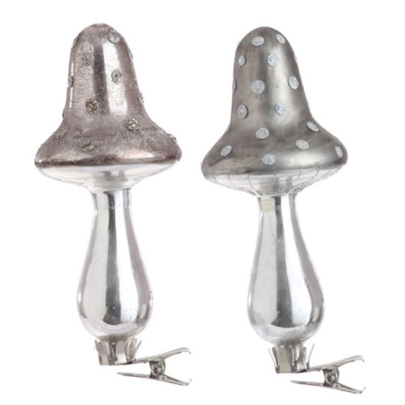 Pair 5 Silver Whimsical Magic Mushroom Clip On Christmas Ornament