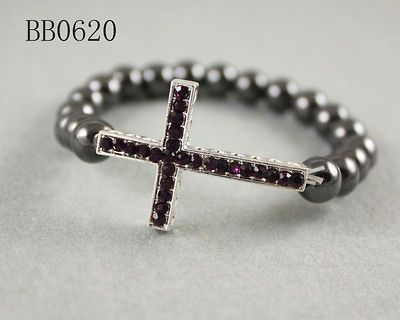 Red Pearl Glass Bead BLACK Cross Stretch Bracelet ADJUSTABLE