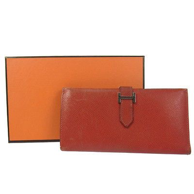 Auth HERMES Vintage H Logos Long Beant Wallet Red Leather Purse With