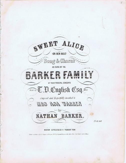 Sweet Alice or Ben Bolt, Barker Family, 1850, sheet mus