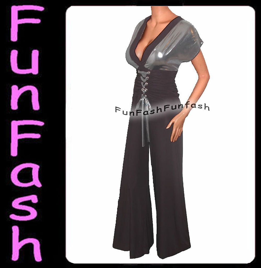 YA2 FUNFASH BLACK SILVER CORSET FLARE GAUCHO PANTS JUMPSUIT Plus Size