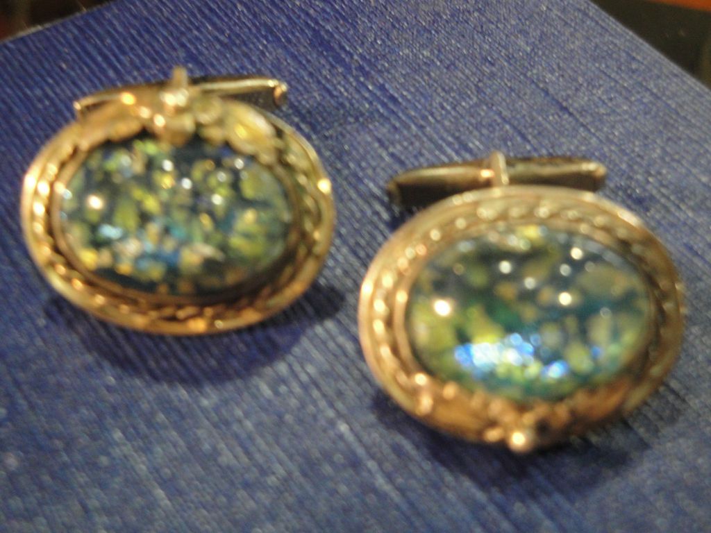 VINTAGE .925 STERLING SILVER BLUE GREEN CONFETTI FOIL CUFFLINKS