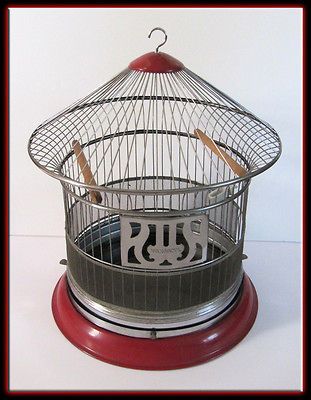 Vintage 30s Hendryx Bird Cage   Round Enameled Red Black & Chrome w