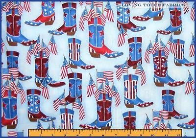 ROBERT KAUFMAN PATRIOTIC WESTERN COWBOY BOOTS AMERICAN FLAG FABRIC 1/2