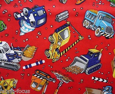 Bulldozer Crane Trucks Construction Red Boys Patchwork Quilt Fabric