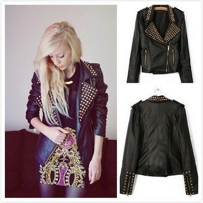 Punk Women Lapel Rivet Studded Studs Synthetic Leather Biker Jacket