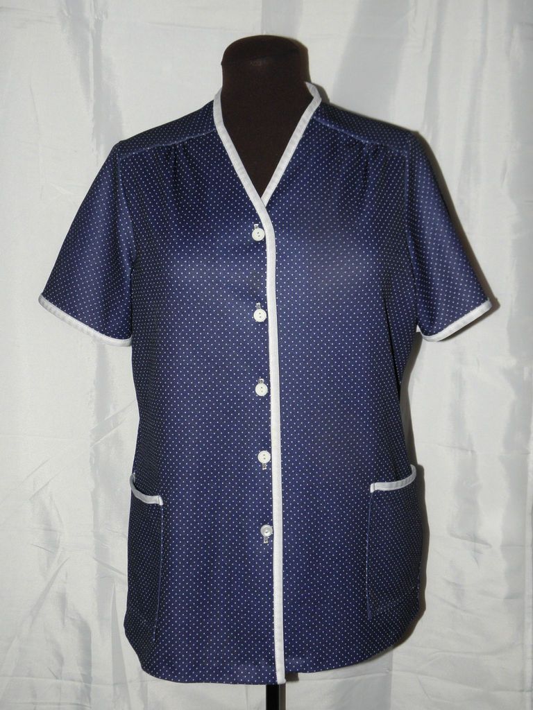 Vtg. Navy / White Polka dot Waitress Top / Smock Uniform Neat Costume