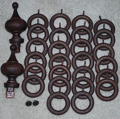 26 Plastic Brown Drapery/Curtai n Rings & 2 End Finials Wood Look