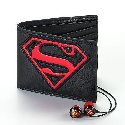 NIB NEW Superman Wallet & Ear Buds Gift Set In Ear Headphones BiFold