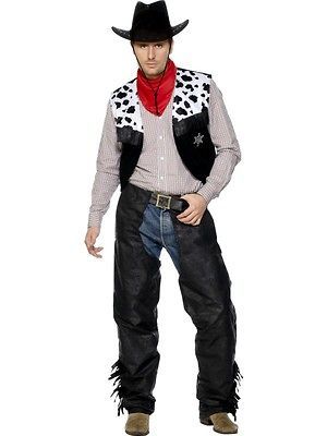 Cowboy Leather Chaps & Waistcoat Mens Sheriff Fancy Dress Costume